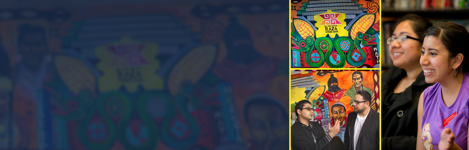 Collage image that includes a student smiling and speaking in a group and the director and a student speaking at the Raza Resource Centro, as well as a colorful mural depicting the Latinx and Chicanx identity and history.